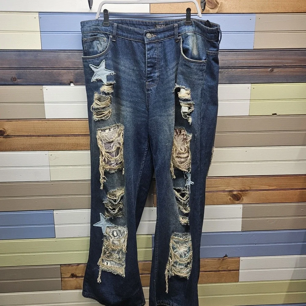 Boohoo Man‎ Ultra Wide Leg Y2K Jeans 40 x 33 Baggy Skater Patches Distressed